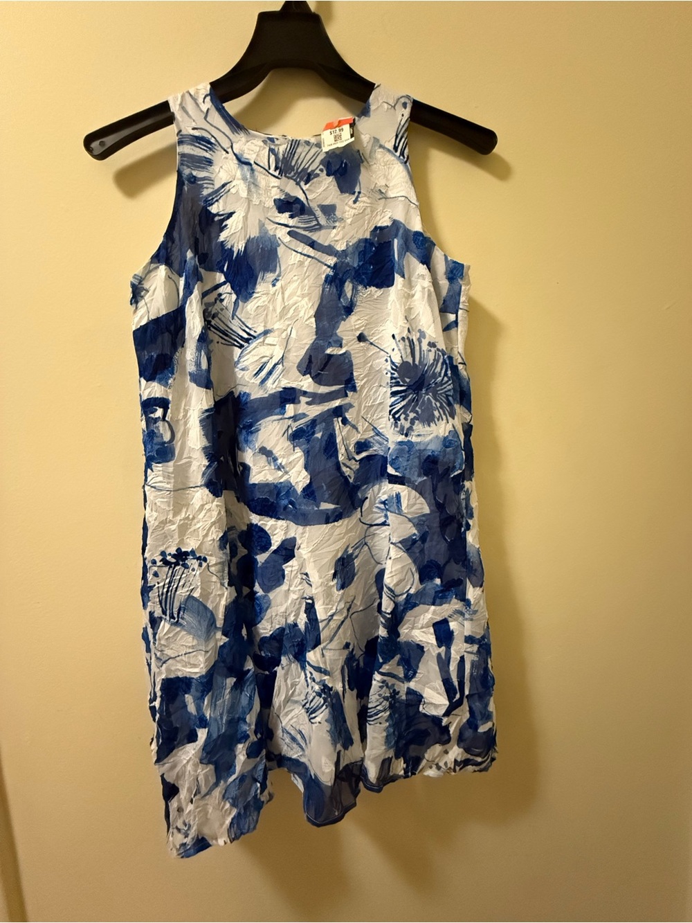 Sleeveless White Midi Dress with Blue Floral Print